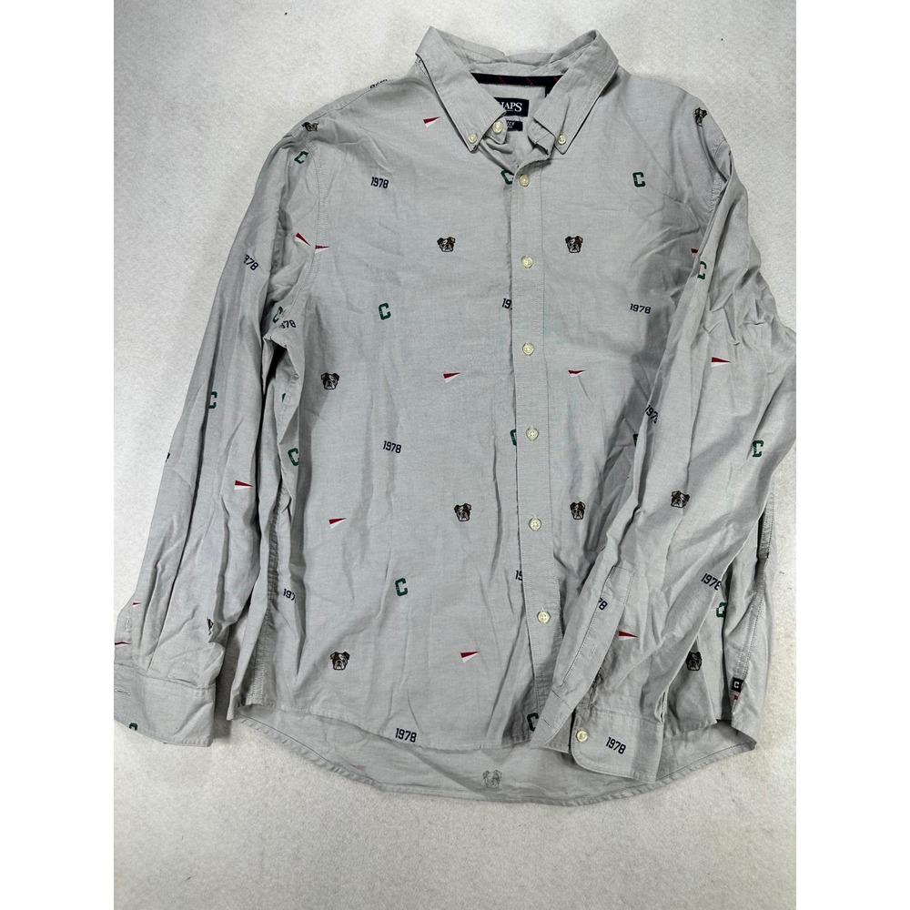 Chaps Mens XXL Stretch Oxford Button Down Shirt Gray Collegiate Bulldog Print